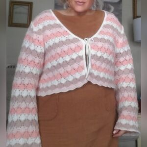 LOVE KNITS Women's Zigzag Tie Front Boho Knit Crochet Cardigan SZ 3X